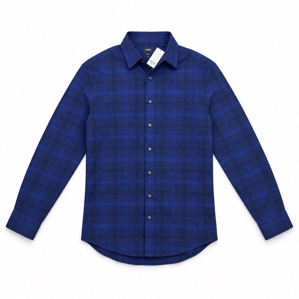 Express Men's Blue Plaid Button Front Shirt NWT Medium
